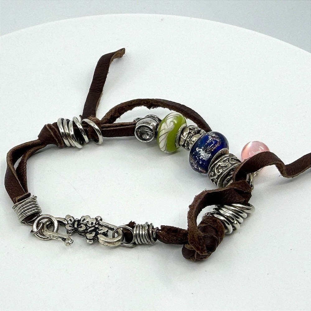 Leather Charm Bracelet Boho Beaded Glass Multi Color Statement Y2K Classic